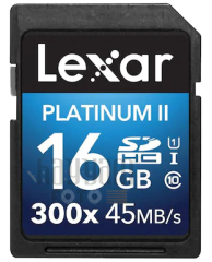 16GB Lexar® Platinum II 300x SDHC/SDXC™ UHS-I cards, up to 45MB/s read