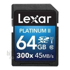 64GB Lexar® Platinum II 300x SDHC/SDXC™ UHS-I cards, up to 45MB/s read