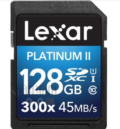 128GB Lexar® Platinum II 300x SDHC/SDXC™ UHS-I cards, up to 45MB/s read