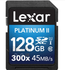 128GB Lexar® Platinum II 300x SDHC/SDXC™ UHS-I cards, up to 45MB/s read