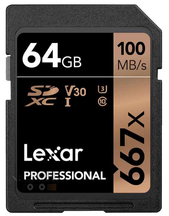 64GB Lexar® Professional 667x SDHC™/SDXC™ UHS-I cards, up to 100MB/s read 90MB/s write