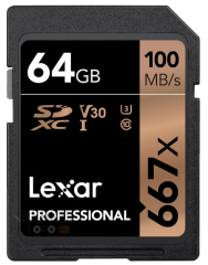 64GB Lexar® Professional 667x SDHC™/SDXC™ UHS-I cards, up to 100MB/s read 90MB/s write