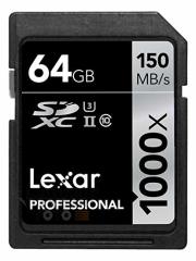 64GB Lexar® Professional 1000x SDHC™/SDXC™ UHS-II cards, up to 150MB/s read 90MB/s write