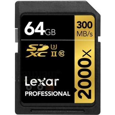 64GB Lexar® Professional 2000x SDHC™/SDXC™ UHS-II cards, up to 300MB/s read 260MB/s write