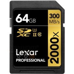 64GB Lexar® Professional 2000x SDHC™/SDXC™ UHS-II cards, up to 300MB/s read 260MB/s write