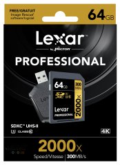 64GB Lexar® Professional 2000x SDHC™/SDXC™ UHS-II cards, up to 300MB/s read 260MB/s write