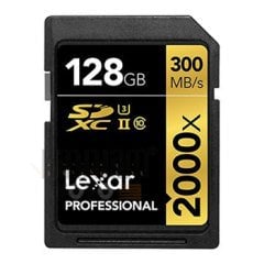 128GB Lexar® Professional 2000x SDHC™/SDXC™ UHS-II cards, up to 300MB/s read 260MB/s write
