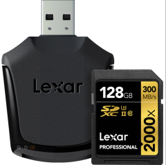 128GB Lexar® Professional 2000x SDHC™/SDXC™ UHS-II cards, up to 300MB/s read 260MB/s write