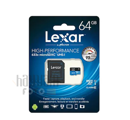 64GB Lexar® High-Performance 633x microSDHC™/microSDXC™ UHS-I, up to 95MB/s read 45MB/s write