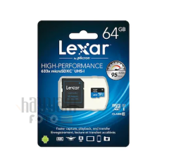 64GB Lexar® High-Performance 633x microSDHC™/microSDXC™ UHS-I, up to 95MB/s read 45MB/s write