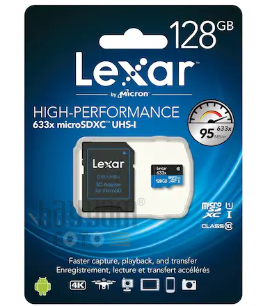 128GB Lexar® High-Performance 633x microSDHC™/microSDXC™ UHS-I, up to 95MB/s read 45MB/s write