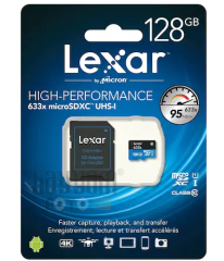 128GB Lexar® High-Performance 633x microSDHC™/microSDXC™ UHS-I, up to 95MB/s read 45MB/s write