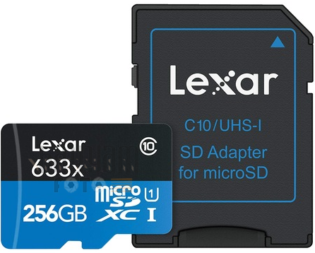256GB Lexar® High-Performance 633x microSDHC™/microSDXC™ UHS-I, up to 95MB/s read 45MB/s write