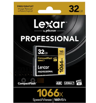 32GB Lexar® Professional 1066x CompactFlash® card, up to 160MB/s read 155MB/s write
